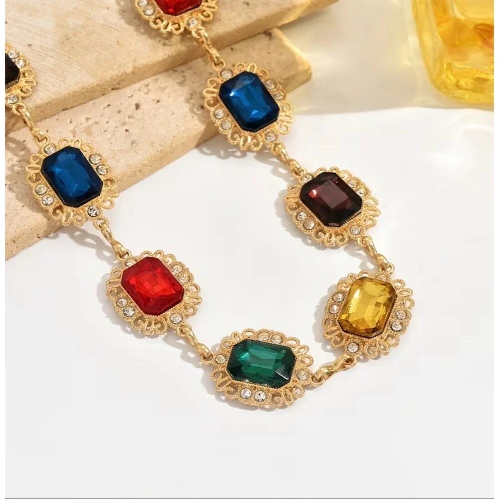 Vintage Inspired Multicolor Gemstone Waist Chain Belt Rhinestone Adjustable